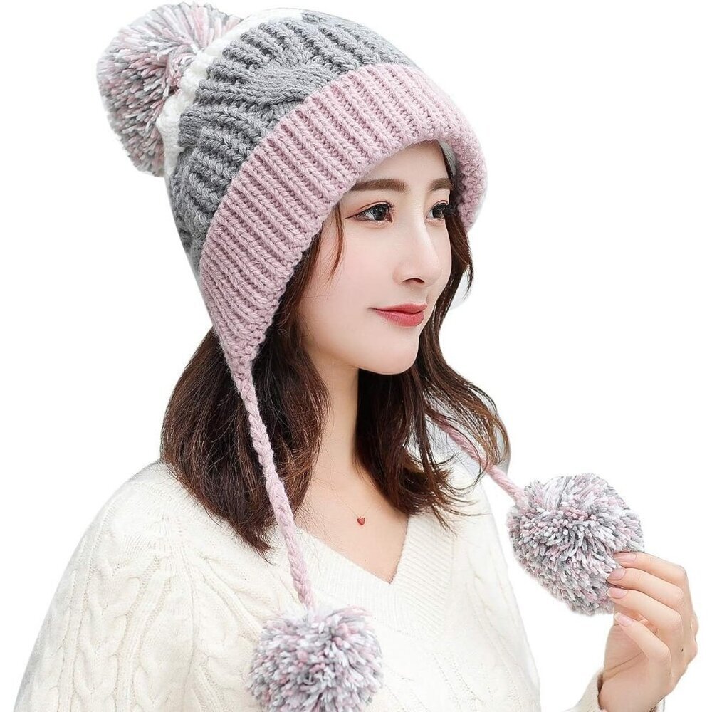 Women Pink Winter Peruvian Cover Ears Beanie Hat Ear Flaps Sherpa Ski Snow